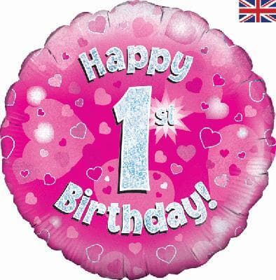 Oaktree Happy 1st Birthday Pink Holographic 45cm Foil.
