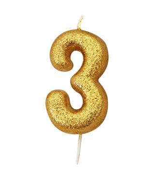 Candle Gold Glitter Numeral 3 - 7cm tall