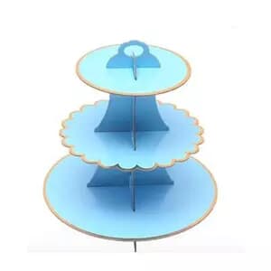 3 Tier Cup Cake Stand 35cm high Light BlueW/Gold Edge