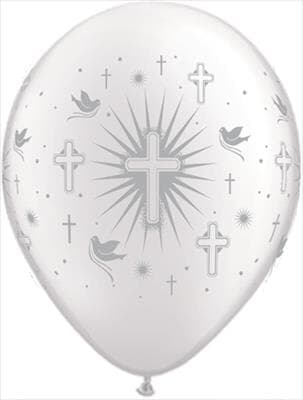 Qualatex Balloons Cross and Dove Pearl White (Silver ink) 28cm