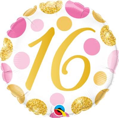 Qualatex Balloons 16 Birthday Pink and Gold Dots 45cm