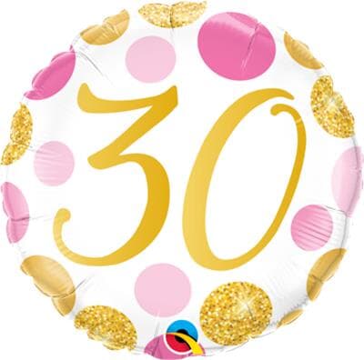 Qualatex Balloons 30 Birthday Pink and Gold Dots 45cm