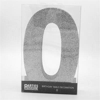 Foam Glitter Number 0 Centerpiece Silver with adhesive base.
