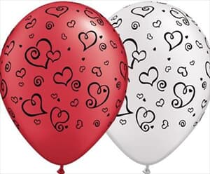 Qualatex Balloons Swirl Hearts Asst Ruby Red & Pearl White with Black Ink 28cm